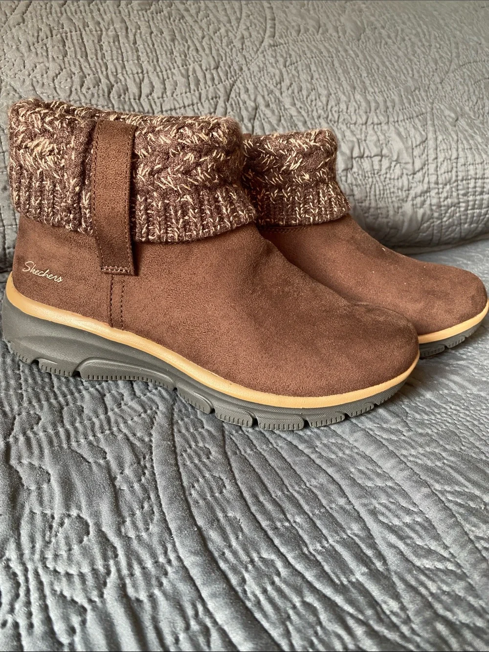 Skechers Women's Chestnut Suede Knit-Cuff Ankle Boots